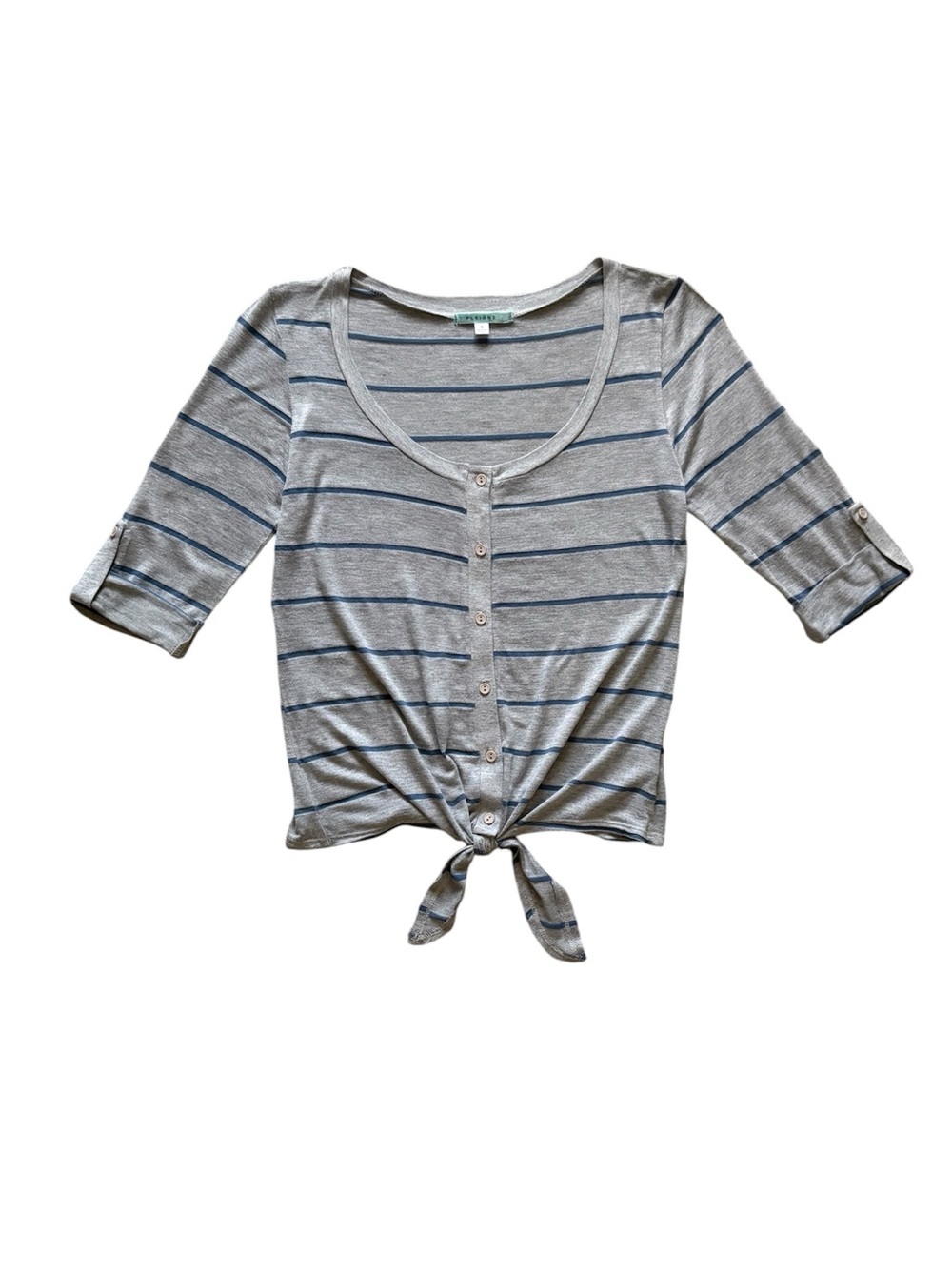 Pleione Gray & Blue Striped Button Tie-Front Top Made in USA